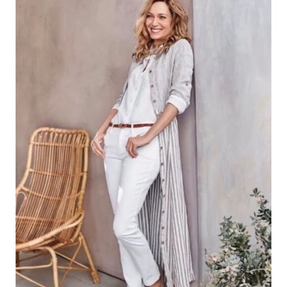 J Jill Linen Stripe Shirtdress Midi Dress Women M Pockets Preppy Beach Lagenlook - Picture 4 of 16